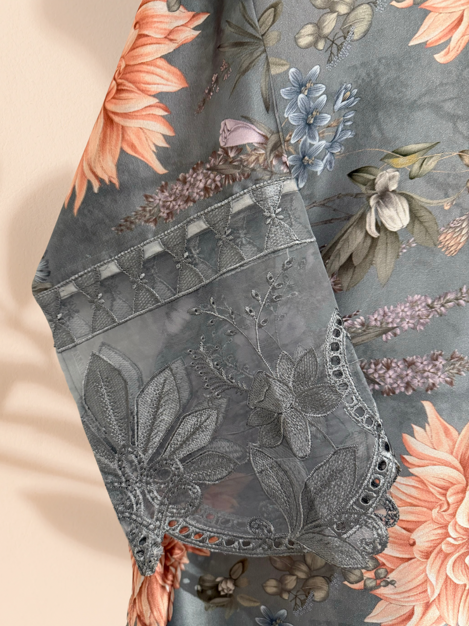 Maria B Inspired Grey Floral Silk Plus Size Readymade 3 Piece Suit - Khari XL