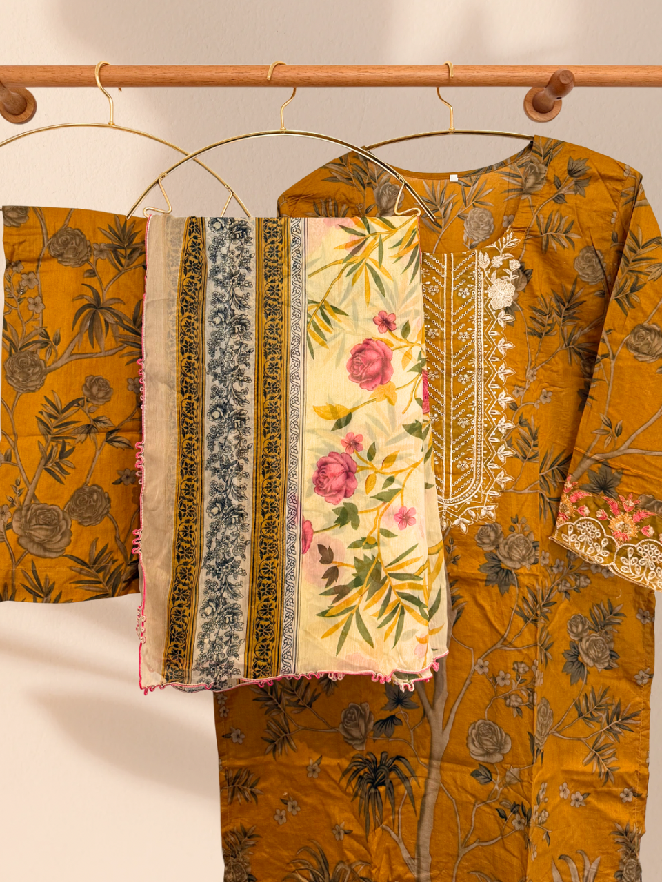 Mustard Roses 3 piece plus size readymade suit