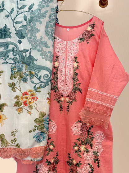 Embroidered Pink Plus Size Pakistani 3-Piece Suit – Kameez, Trousers & Dupatta | Khari XL UK