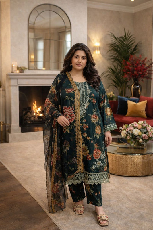 Deep Teal Lawn Plus Size Pakistani 3-Piece Suit – Kameez, Trousers & Dupatta | Khari XL UK