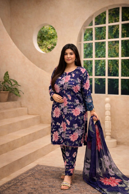 Maria B Inspired Midnight Blue Silk Plus Size Pakistani 3-Piece Suit | Clearance
