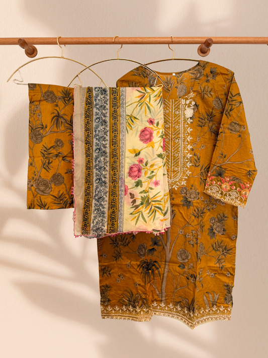 Mustard Roses 3 piece plus size readymade suit