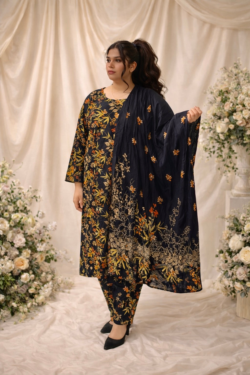 Bin Dawood Black Tropical Plus Size Pakistani 3-Piece Cotton Suit | Clearance