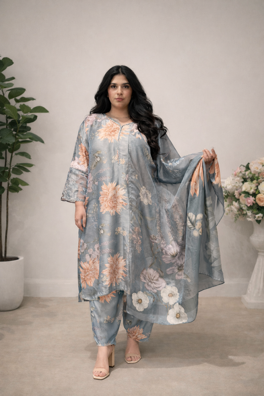 Maria B Inspired Grey Floral Silk Plus Size Pakistani 3-Piece Suit | Clearance