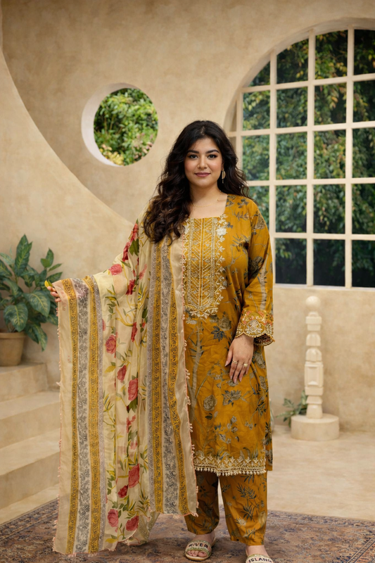 Zainab Chottani Inspired Mustard Roses Lawn Plus Size Pakistani 3-Piece Suit – Kameez, Trousers & Dupatta | Khari XL UK