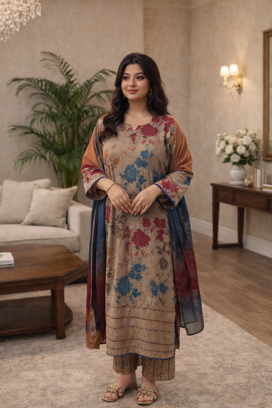 Baroque Inspired Vintage Bloom Dhanak Plus Size Pakistani 3-Piece Suit – Kameez, Trousers & Dupatta | Khari XL UK