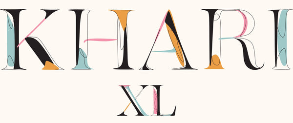 Colorful text 'KHARI XL' on a white background
