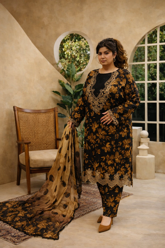 Baroque Inspired Dark Toffee Plus Size Lawn Pakistani 3-Piece Suit – Kameez, Trousers & Shawl | Khari XL UK