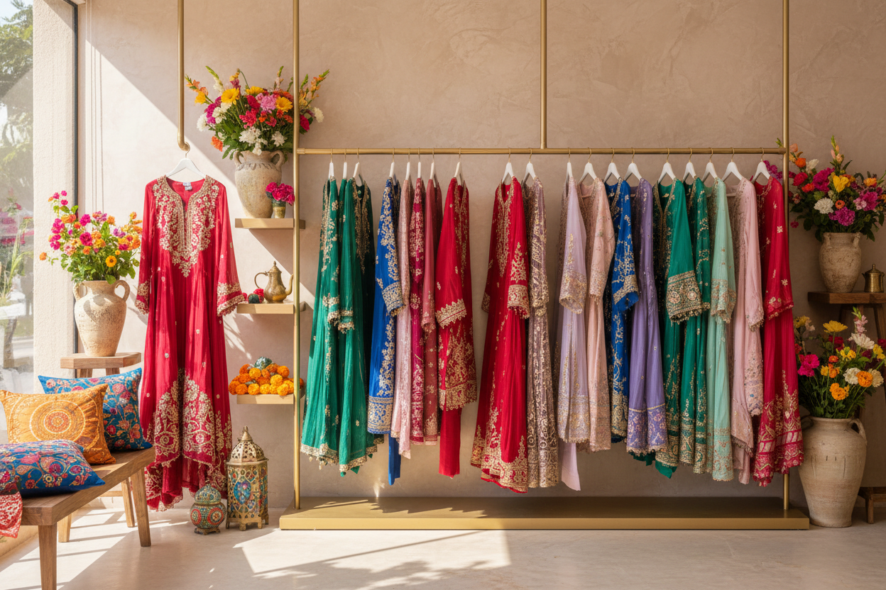 Display of colorful traditional dresses in a store with flowers and decor.