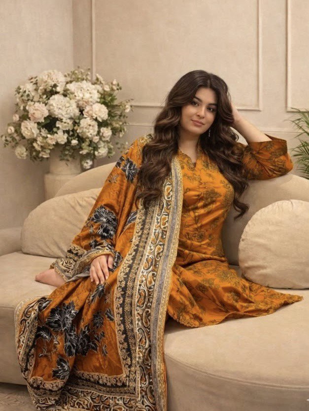 Plus Size Burnt Orange Cotton 3-Piece Suit – Shirt Style Kameez with Trousers & Dupatta | Khari XL UK