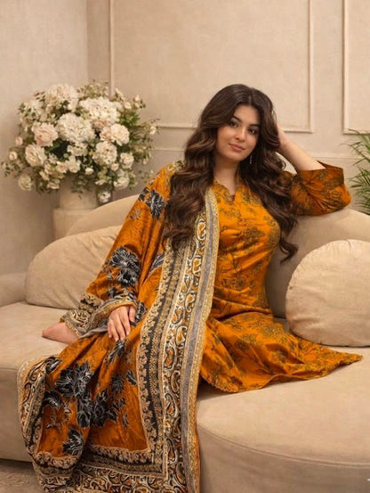 Plus Size Burnt Orange Cotton 3-Piece Suit – Shirt Style Kameez with Trousers & Dupatta | Khari XL UK