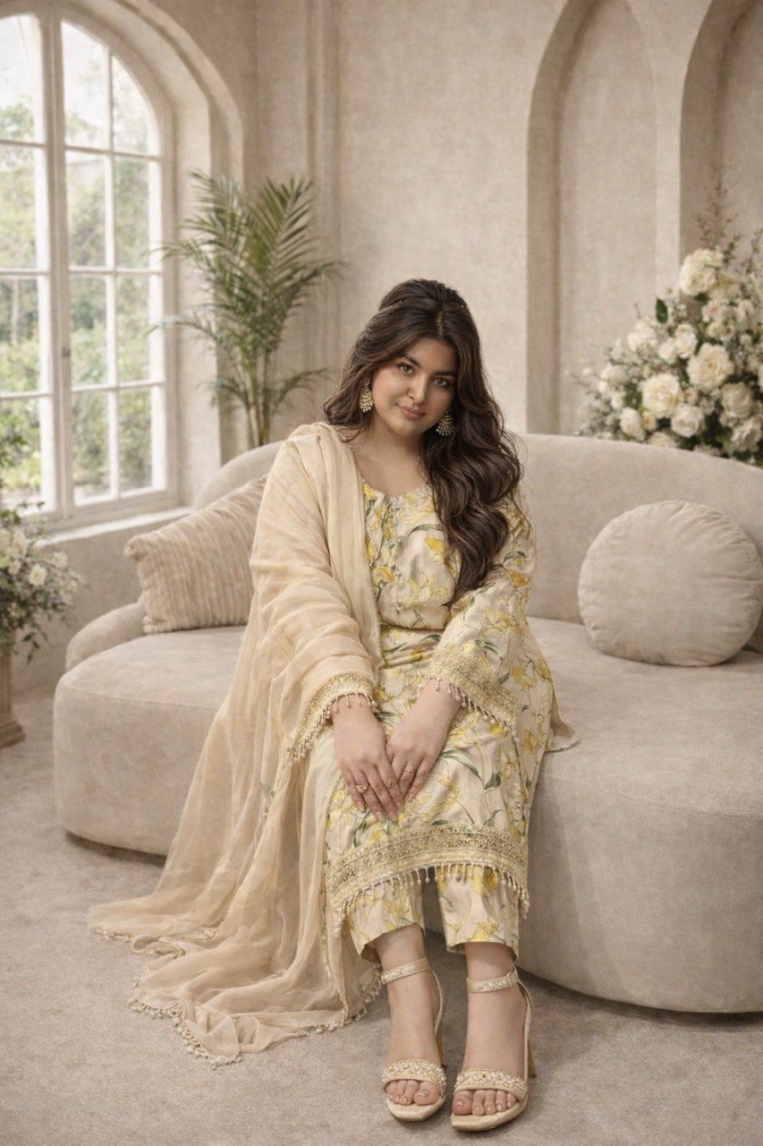 Butter Cream Plus Size Pakistani 3-Piece Lawn Suit – Kameez, Trousers & Dupatta | Khari XL UK